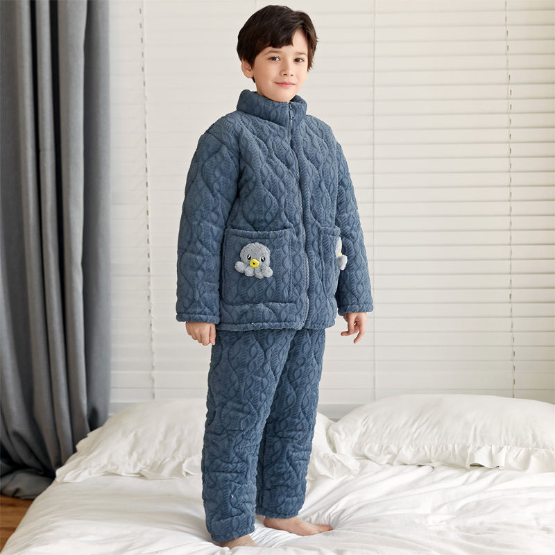 儿童睡衣男童珊瑚绒秋冬款三层夹棉男孩2025新款冬季加绒加厚套装