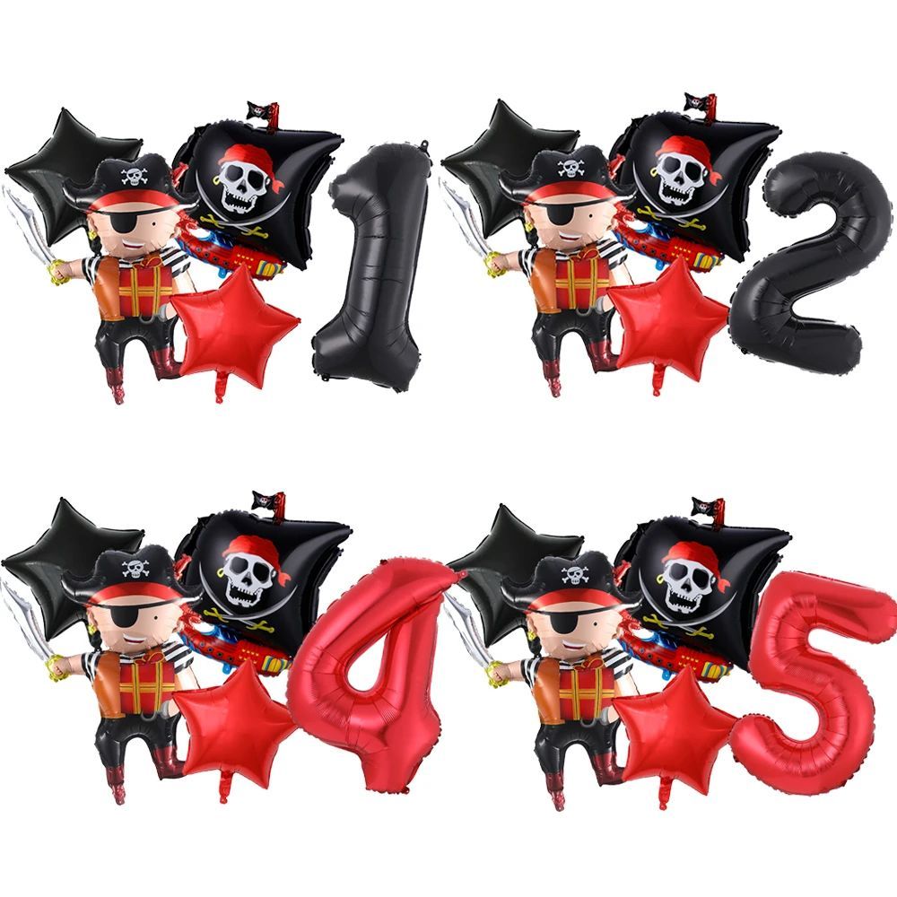 4/5pcs Halloween Pirate Boat Balloon Set 32inch Black Red 0-