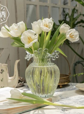 YUXI/与西ins风波浪花瓶荧光冰川感花瓶波浪口透明鲜花餐桌摆件