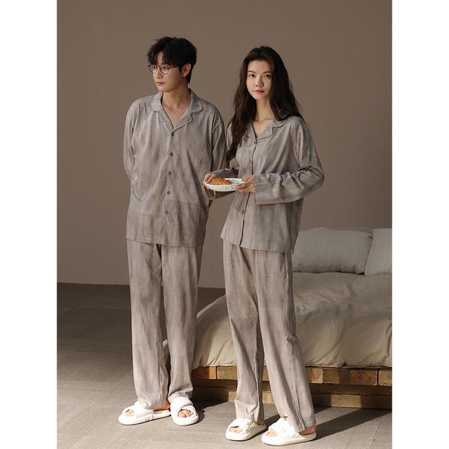 美家臣2025新款情侣睡衣春秋新疆棉长袖翻领家居服套装睡衣男