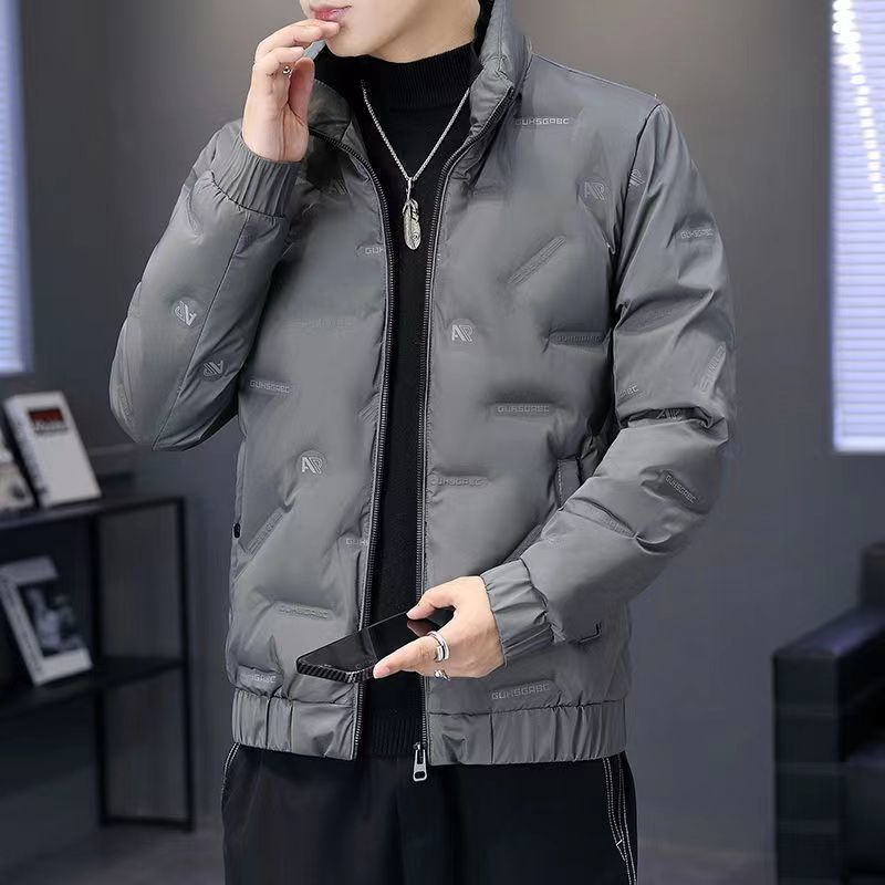 2025秋冬新款男士时尚立领压花短款羽绒棉服保暖韩版修身休闲帅气
