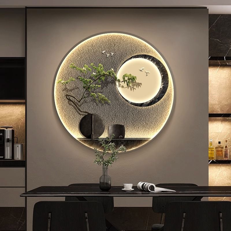 日式高级感入户玄关挂画圆形发光画客厅茶室壁画侘寂风餐厅装饰画