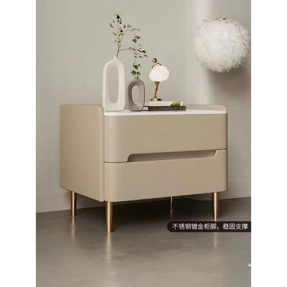 全实木意式床头柜简约现代卧室家用轻奢岩板床边收纳新款储物整装