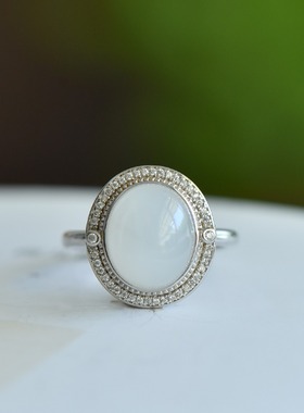 925银和田玉白玉蛋形戒指11037百搭气质款复古轻奢民族风国风