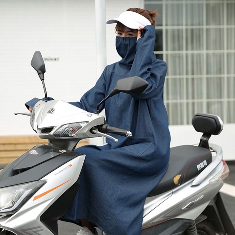 电动车防晒衣女夏季中长款牛仔全棉加厚防紫外线遮阳骑车大码透气
