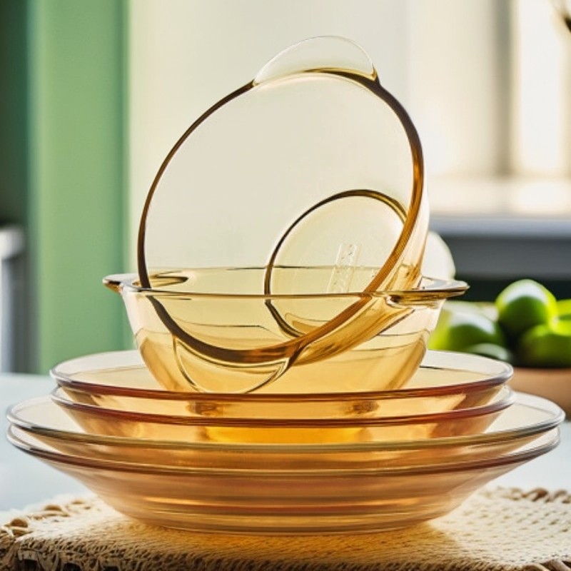 家庭餐具套装玻璃盘子玻璃碗餐具6件套装玻璃琥珀双耳饭碗碟盘