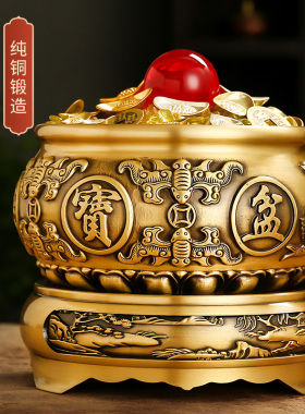 实心铜聚宝盆摆件黄铜米缸中式客厅酒柜家用店铺家居存钱罐摆饰品