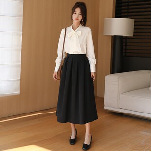 法式黑色西装半身裙女春秋显瘦遮跨百褶蓬蓬裙职业垂感工作中长款