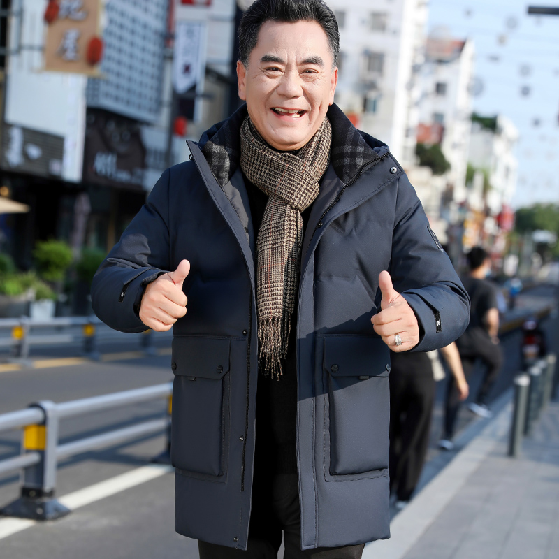 爸爸羽绒棉服冬装加厚简约大口袋设计连帽中长款棉衣中老年外套男