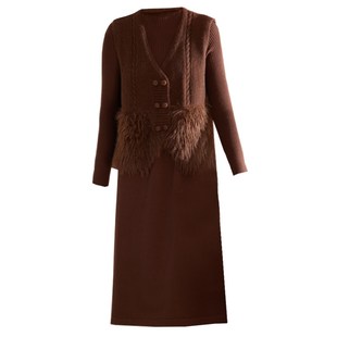 喜卉妈妈冬装新款连衣裙两件套中老年女装秋冬针织打底裙套装裙子