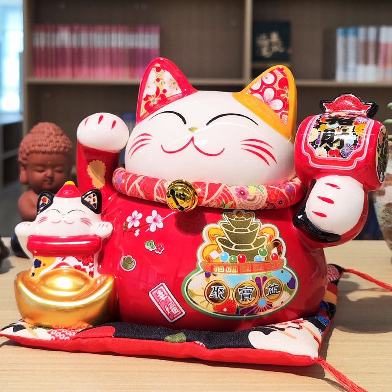 精致陶瓷招财猫摆件 商铺收银台开业礼品中号大号 家居装饰存钱罐