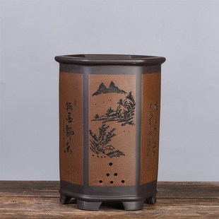 六方紫砂花盆带底托手工兰花盆