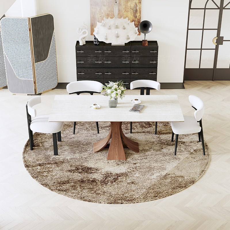 森友德利丰高端洞石岩板全实木中古风长方形餐桌子可定制胡桃色