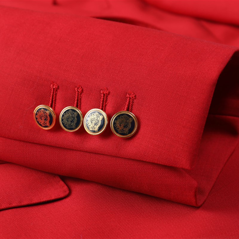 本派羊毛面料婚礼宴会修身手工中国红色西服双排扣男士单西装上衣