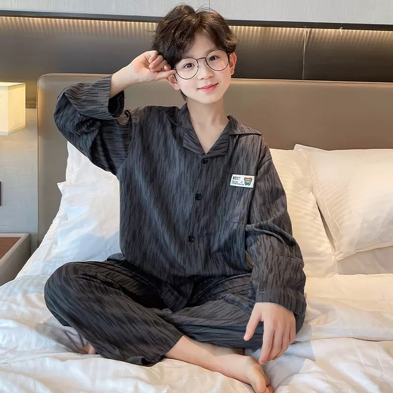 儿童睡衣春秋款新款衬衫领长袖男童家居服套装宽松休闲大童空调服