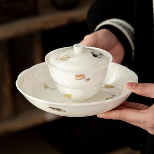 盖碗茶杯茶碗斗笠羊脂玉泡茶碗茶艺师三才盖碗壶承葫芦德化白瓷