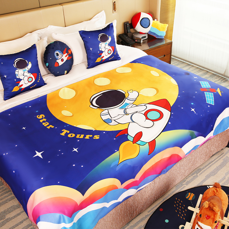 星级酒店主题亲子房床尾巾定制宾馆客房布置儿童卡通床旗床盖AB面