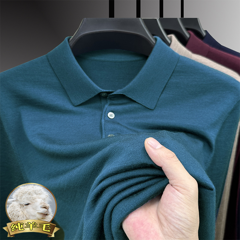 秋冬男士纯羊毛衫薄款高端商务精纺羊毛翻领针织T恤长袖打底衫男