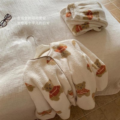 法式甜美碎花加厚短绒睡衣女冬季2024年新款保暖法兰绒家居服套装