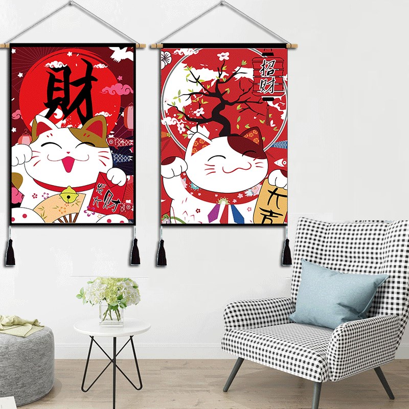 日式招财猫挂布挂毯壁毯装饰画宿舍客厅挂画布艺背景布简约挂饰图片