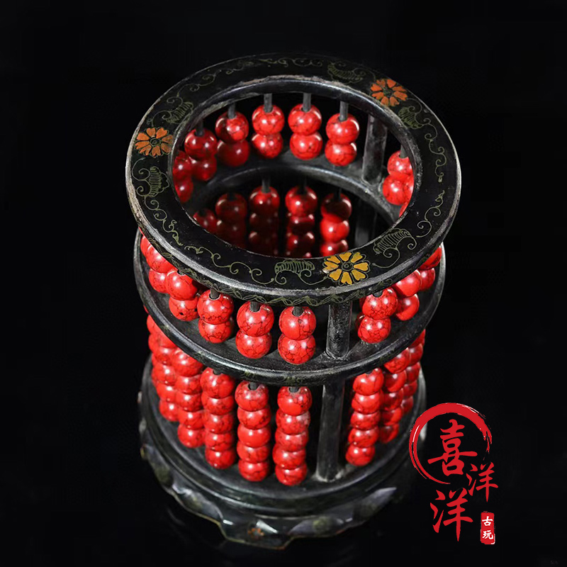 古董文玩木胎漆器彩绘红松石乔记帐房圆算盘笔筒摆件复古老物件