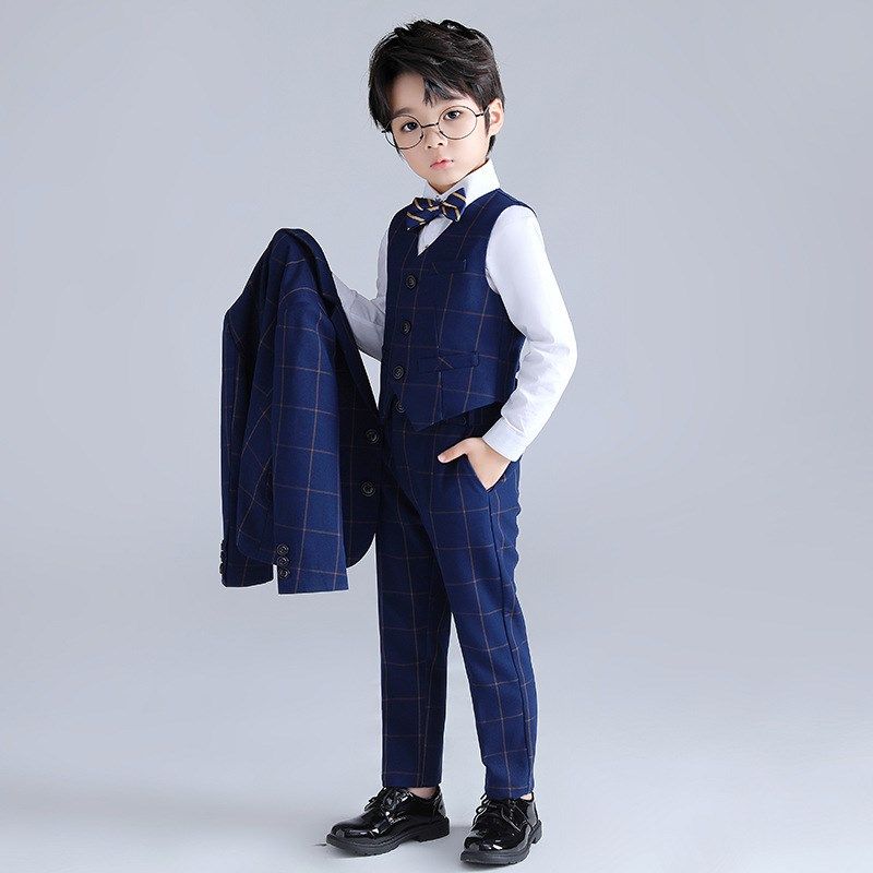 男童西装套装三件套秋冬英伦男孩大童马甲礼服儿童西服主持演出服