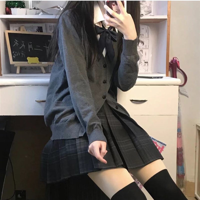 JK制服裙套装女学院风针织开衫外套简约百搭毛衣衬衫百褶裙三件套