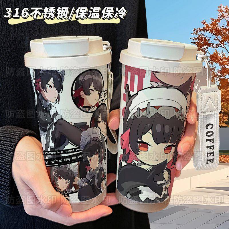 绝区零鲨鱼妹动漫保温杯316不锈钢大容量提绳吸管水杯车载咖啡杯