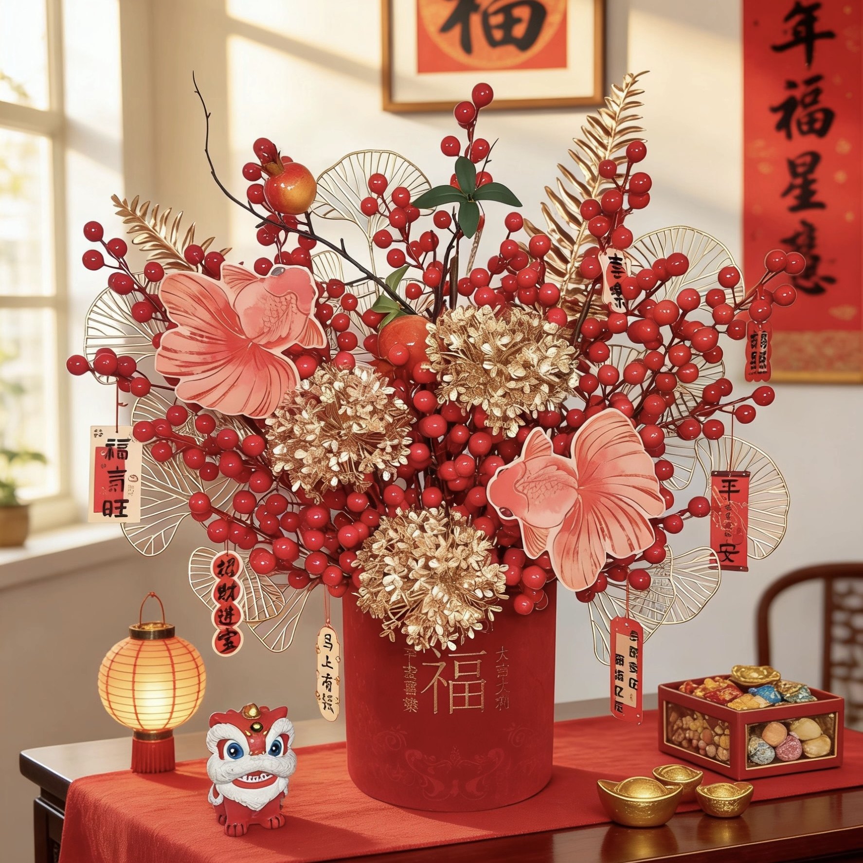 【锦鲤】2026年中式国风福桶商超同款年宵花新春桌面摆件仿真花卉,节庆用品/礼品,挂饰/生肖挂饰,淘宝优惠券,粉丝福利购,淘宝优惠卷