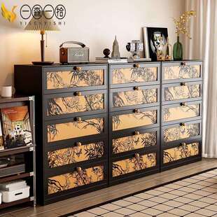新款中古风印花钢制斗柜卧室客厅落地多层储物柜床尾抽屉收纳柜