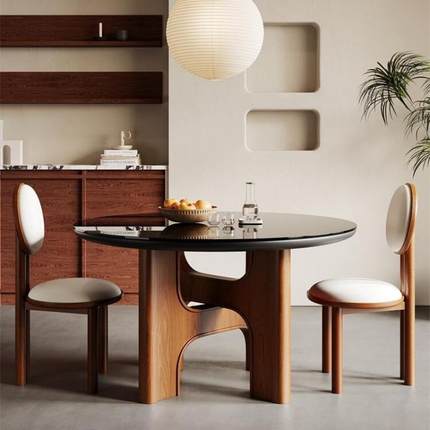 XW中古钢化玻璃餐桌椅家用法式复古胡桃色实木设计师圆形饭桌子