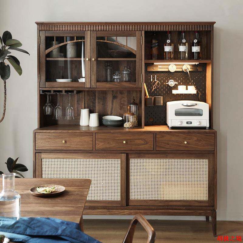 北欧实木复古餐边柜日式黑胡桃木餐厅储物柜一体靠墙茶水柜置物柜