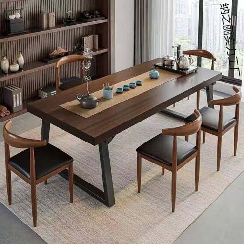 实木色茶桌椅组合一桌五椅喝茶桌新中式商谈办公大板泡茶桌茶几桌