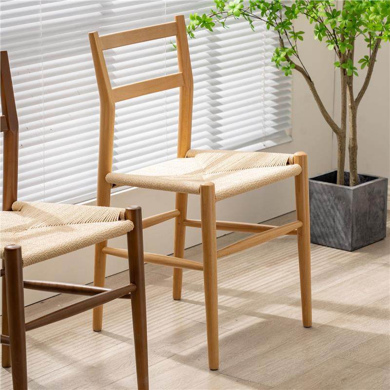 现代简约榉木实木餐椅中古编绳休闲家用椅子餐厅民宿原木色编藤椅