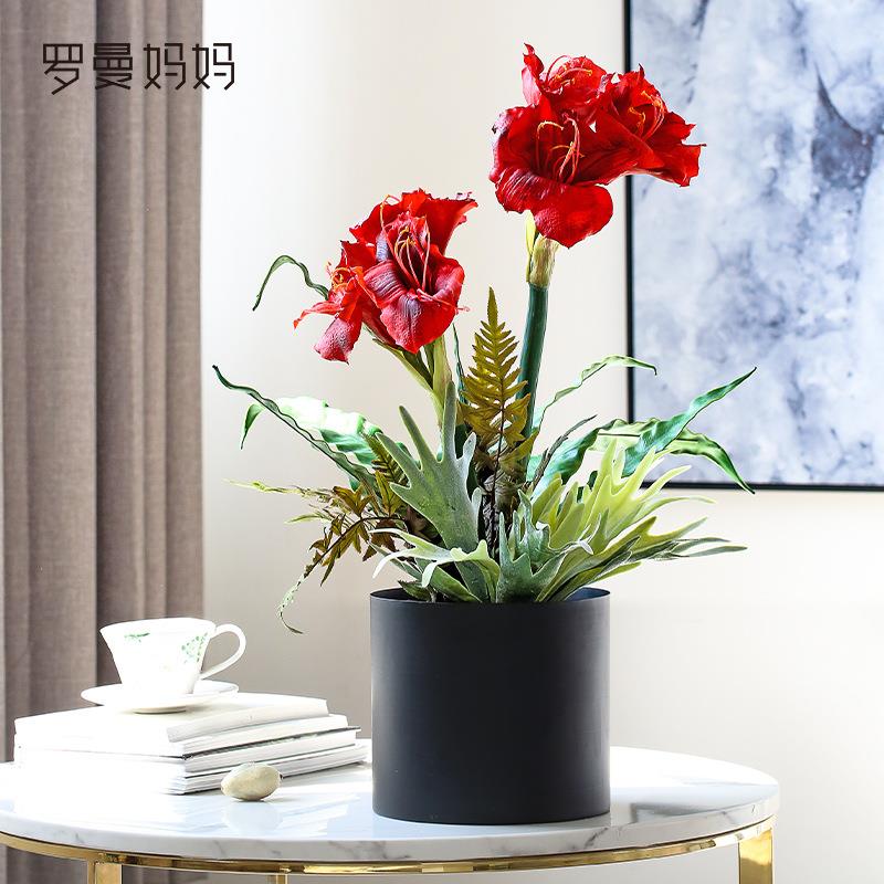 罗曼妈妈北欧高档仿真花客厅花卉盆栽虎皮兰朱顶红新娘花摆件装饰