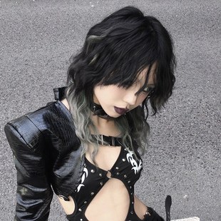 水母头假发黑灰色渐变羊毛蛋卷全头套女亚文化lolita亚比中长y2k