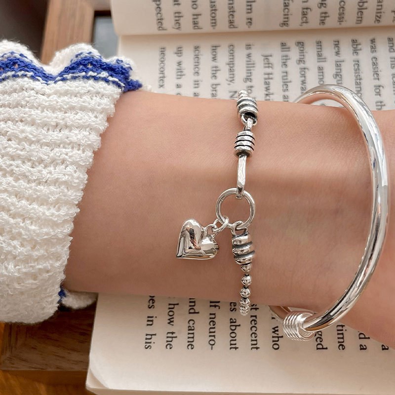 srrmhyn简约光面推拉手镯桃心银珠复古手链叠戴个性高级设