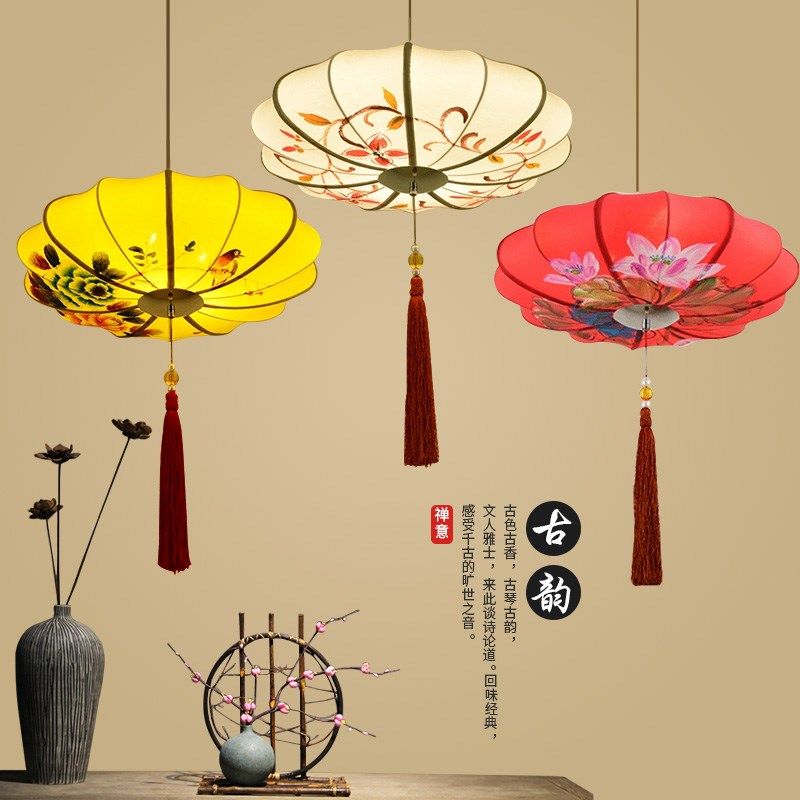 新中式吊灯中国风布艺手绘餐厅过道饭楼火锅店茶楼仿古灯笼灯,家装灯饰光源,客厅吊灯,淘宝优惠券,粉丝福利购,淘宝优惠卷
