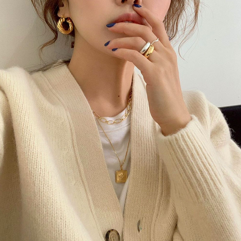 srrmhyn高奢法式复古极简设计时髦金色麻花编织粗款圆环圈圈耳环