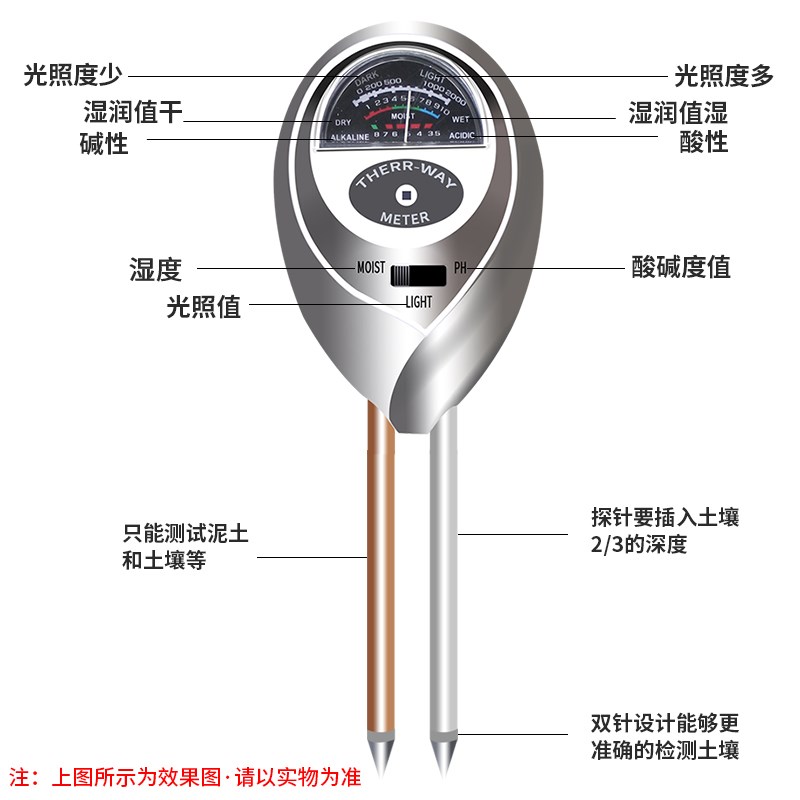 土壤检测仪湿度ph值传感器温度酸碱度土地花盆植物三合一光照养分
