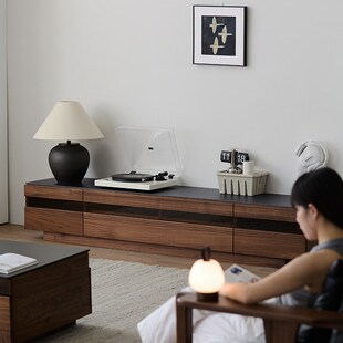 北美黑胡桃全实木木电视柜日式岩板台面小户型客厅原木电视机柜