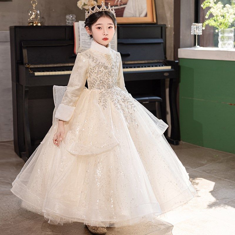 高端儿童晚礼服冬款加厚花童女童生日公主裙小主持人钢琴演出冬季