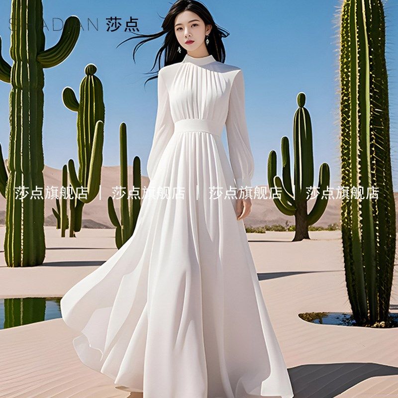 2025新款女装红色高个子雪纺长袖连衣裙海边沙滩度假大摆长款长裙