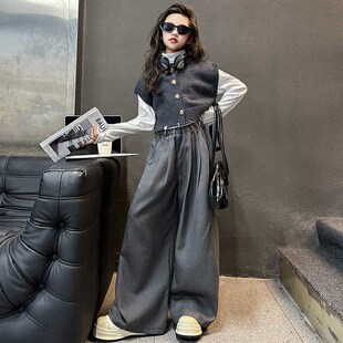 女童秋装套装儿童洋气春秋时髦复古百搭灰色毛衣马甲阔腿裤三件套