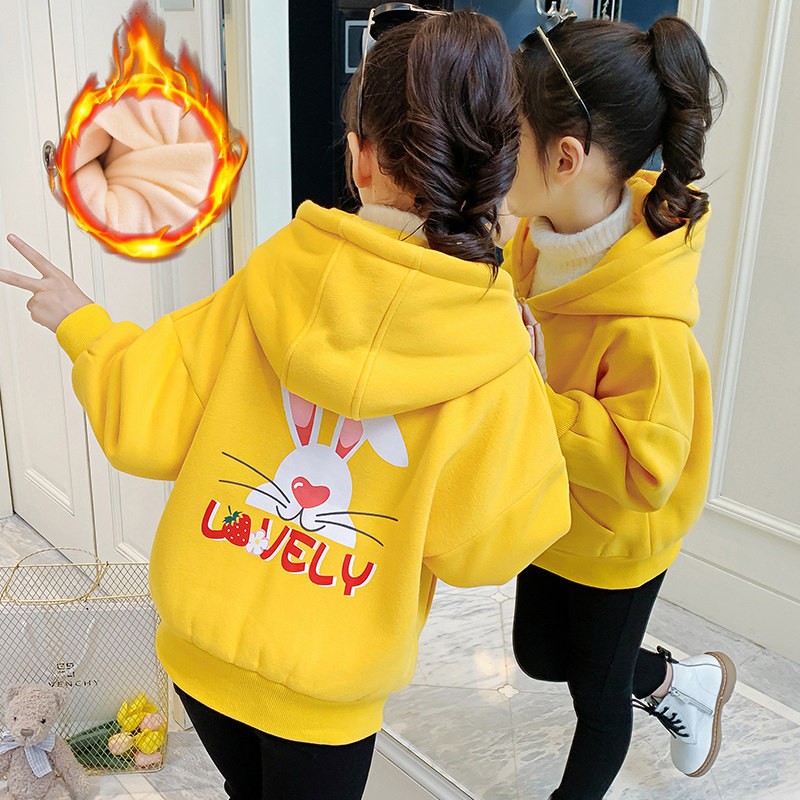 女童外套2021新款秋冬加绒加厚卫衣小童洋气中大童开衫中长款上衣