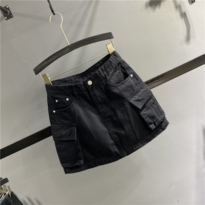 2021秋季小个子高腰口袋工装牛仔短裙女防走光内衬a字包臀半身裙