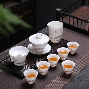 羊脂玉陶瓷家用功夫茶具整套描金三才碗茶杯精美礼品套装LOGO定制