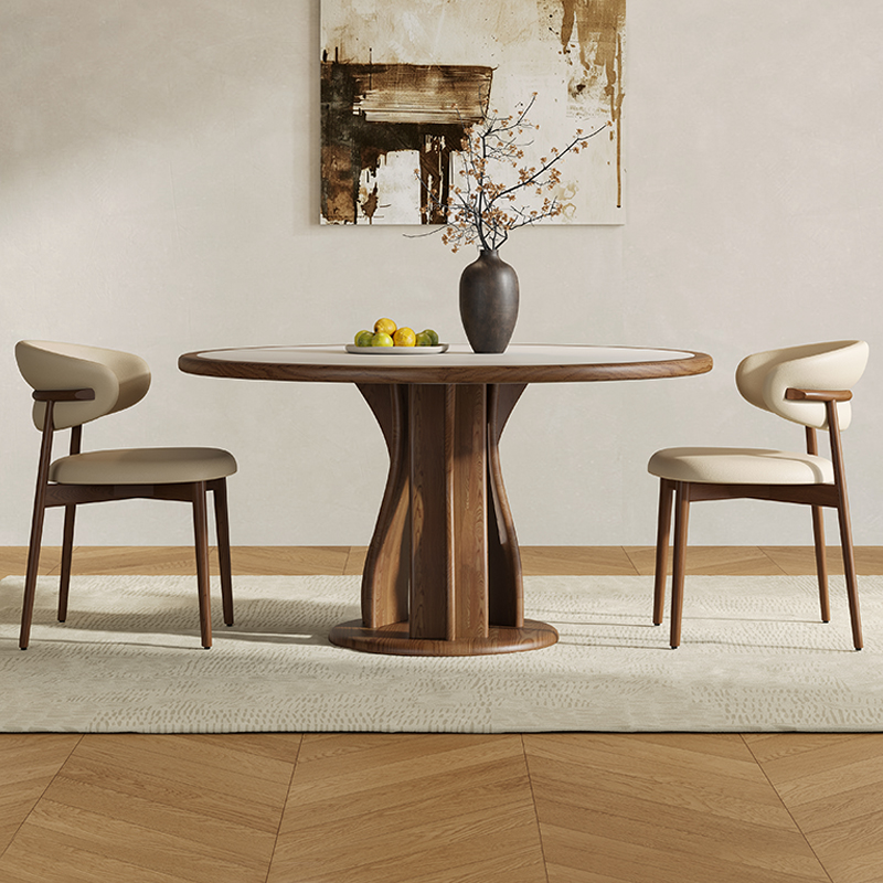 实木岩板餐桌椅组合中式中古风圆桌带转盘家用胡桃色圆形桌小户型