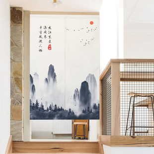 山水布艺门帘家用卧室隔断帘厨房挡风布帘子卫生间遮挡半帘免打孔
