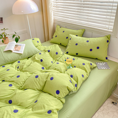 A类双层纱床上用品四件套小清新绿色波点被套床单纯棉宿舍三件套